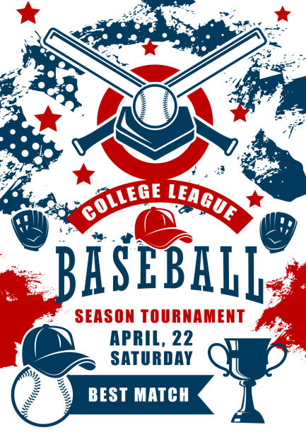 Baseball sport ball, bat, gloves and trophy cup Baseball sport game season tournament of college league vector design. Ball, bat and winner trophy cup with home plate, batter player cap and pitcher gloves, championship match announcement poster baseball homerun stock illustrations