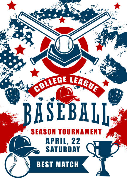 Baseball sport ball, bat, gloves and trophy cup Baseball sport game season tournament of college league vector design. Ball, bat and winner trophy cup with home plate, batter player cap and pitcher gloves, championship match announcement poster softball homerun stock illustrations
