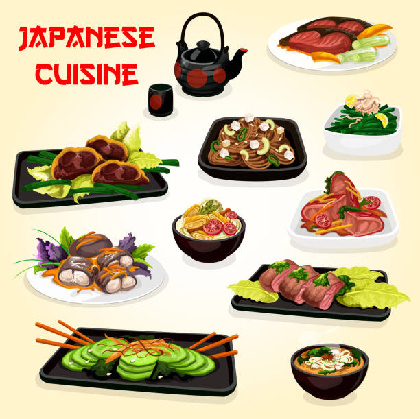 istock Japanese fish and meat dishes with salads and soup 1142776191