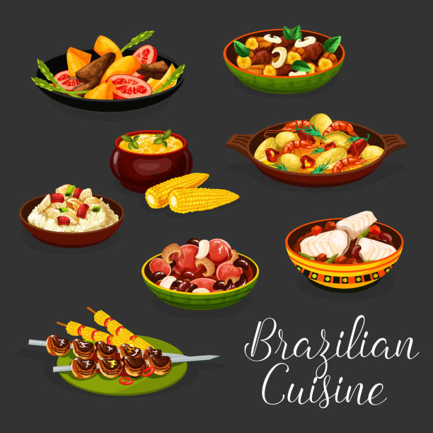 ilustraciones, imágenes clip art, dibujos animados e iconos de stock de platos de carne brasileña con verduras y mariscos - prepared shrimp skewer rice prepared fish
