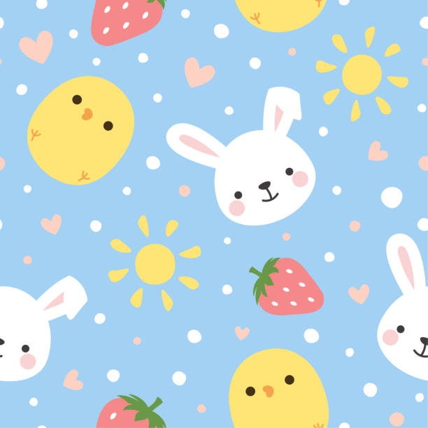 ilustrações de stock, clip art, desenhos animados e ícones de bunny and chick pattern with strawberry - baby chicken young bird young animal easter