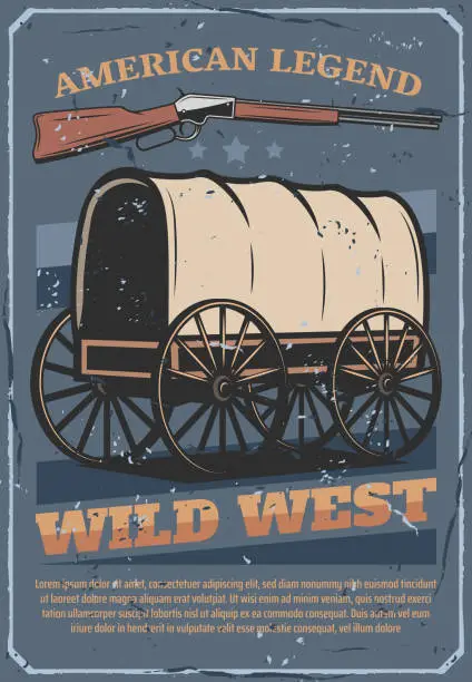 Vector illustration of Wild West American Western wagon cart and rifle