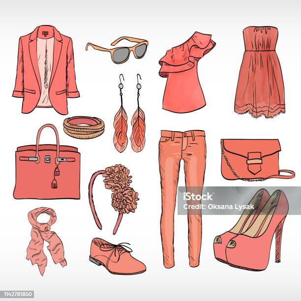 A Set Of Womens Clothing And Accessories In Red Tones Seamless Pattern Stock Illustration - Download Image Now