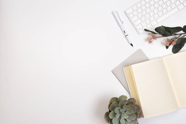 istock Office desk table with supplies. Flat lay Business workplace and objects. Top view. Copy space for text - Image 1142782506