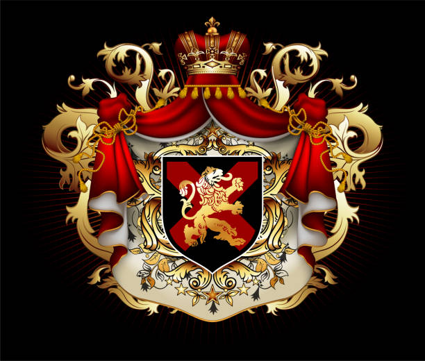 illustrazioni stock, clip art, cartoni animati e icone di tendenza di scudo araldico con corona e mantello reale, riccamente ornato, su sfondo nero. - lion coat of arms shield backgrounds