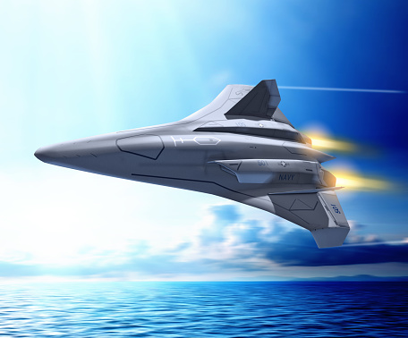 Concept of a futuristic unmanned combat aerial fighter vehicle, ucav, in operation by the US navy, flying at full speed over the ocean, 3d render