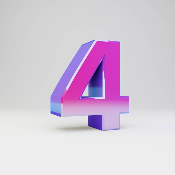 istock 3d number 4. Rendered multicolor metal font with glossy reflections and shadow isolated on white background. 1142783353