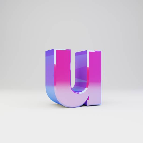 istock 3d letter U lowercase. Rendered multicolor metal font with glossy reflections and shadow isolated on white background. 1142783412