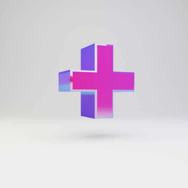 istock 3d plus symbol. Rendered multicolor metal font with glossy reflections and shadow isolated on white background. 1142784648