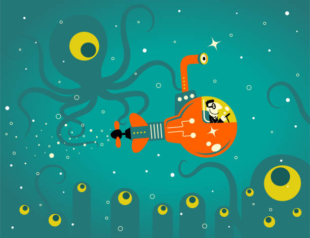 Businessman piloting an idea light bulb submarine in the deep sea Business Man Characters Manga Style Cartoon Vector art illustration.Copy Space, Full Length.
Businessman piloting an idea light bulb submarine in the deep sea. underwater exploration stock illustrations