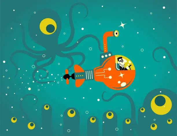 Vector illustration of Businessman piloting an idea light bulb submarine in the deep sea