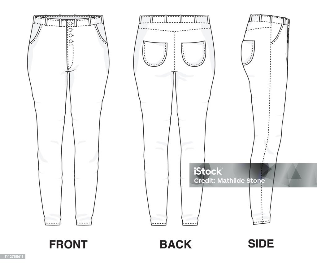 Isolated Trouser Pants Skinny High Waisted Jeans object of clothes and fashion stylish wear fill in blank shirt. Leg Casual Pockets Denim Illustration Vector Template. Front, back and side view Fill in the fashion clothing template with colours, patterns or images. Pocket stock vector