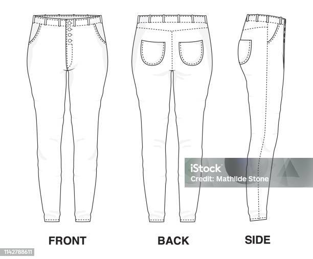 Isolated Trouser Pants Skinny High Waisted Jeans Object Of Clothes And Fashion Stylish Wear Fill In Blank Shirt Leg Casual Pockets Denim Illustration Vector Template Front Back And Side View Stock Illustration - Download Image Now