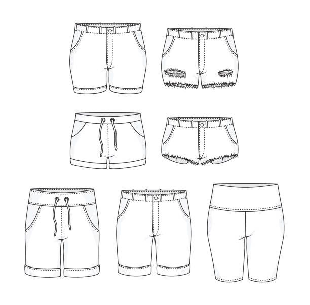 Isolated shorts hot pants trousers legging bottoms shorts fashion stylish fill in the black outline set collection vector illustration Fill in the fashion clothing template with colours, patterns or images. running shorts stock illustrations