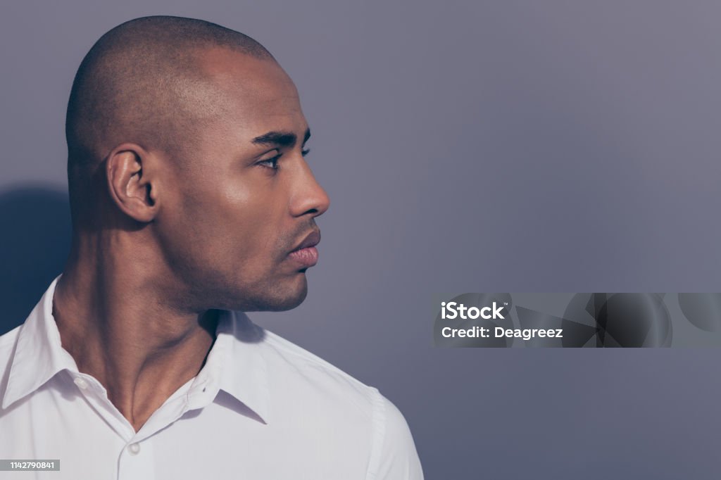 Close Up Side Profile Photo Amazing Dark Skin He Him His Macho Perfect Head  Hairdo Condition Look Empty Space Not Smiling Wondered Listen News Wear  White Shirt Isolated Grey Background Stock Photo -