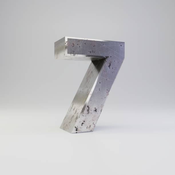 istock Metal number 7. 3D render scratched rusty metal font isolated on white background. 1142792187