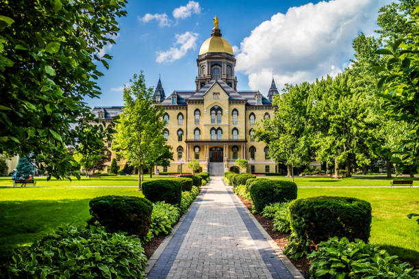 A gorgeous view of the campus while taking a stroll inside of Notre Dame stock photo