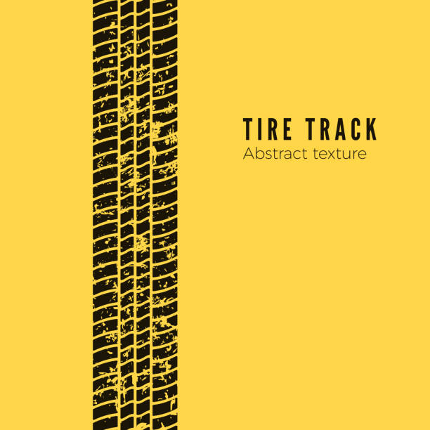 Dirt track from the car wheel protector. Tire track silhouette. Black tire track. Vector illustration isolated on yellow background Dirt track from the car wheel protector. Tire track silhouette. Black tire track. Vector illustration isolated on yellow background motorcycle patterns stock illustrations