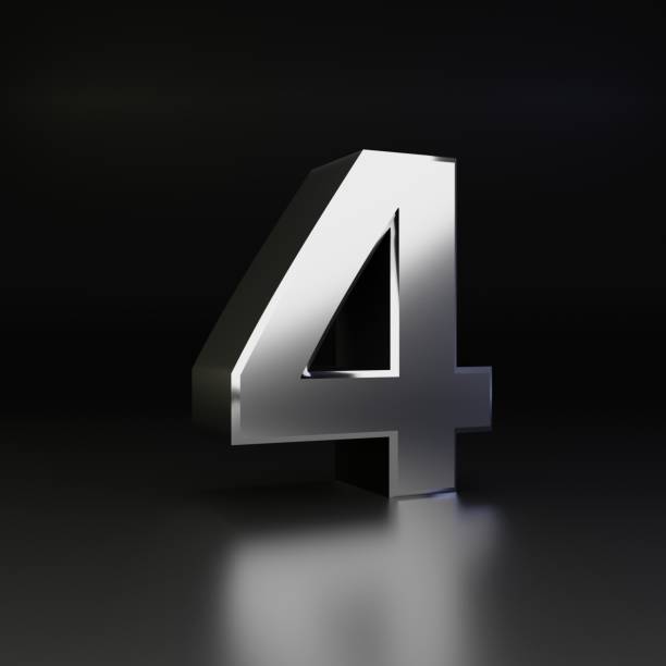 istock Chrome number 4. 3D render shiny metal font isolated on black background 1142796940