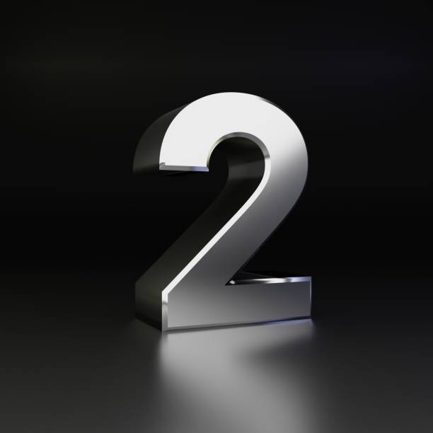 istock Chrome number 2. 3D render shiny metal font isolated on black background 1142796963
