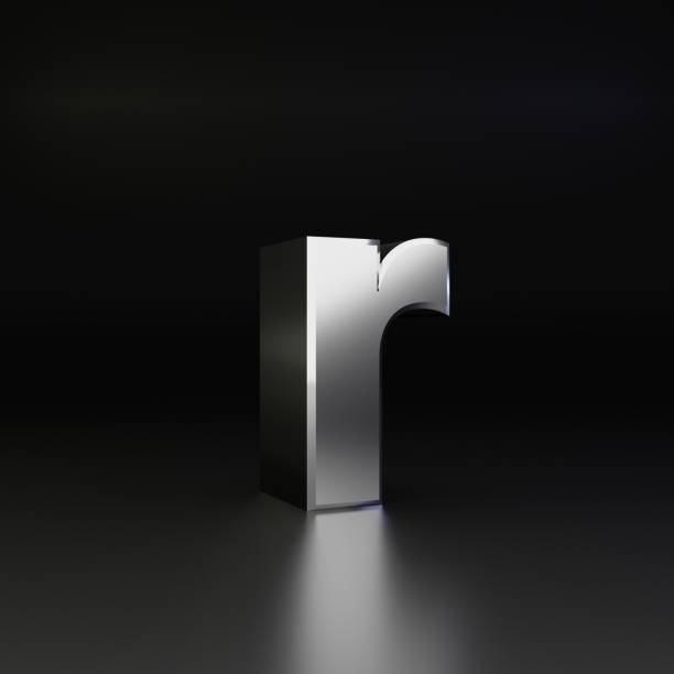 istock Chrome letter R lowercase. 3D render shiny metal font isolated on black background 1142797027