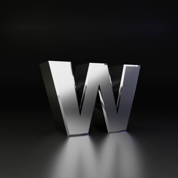 Chrome letter W lowercase. 3D render shiny metal font isolated on black background with fresnel reflection