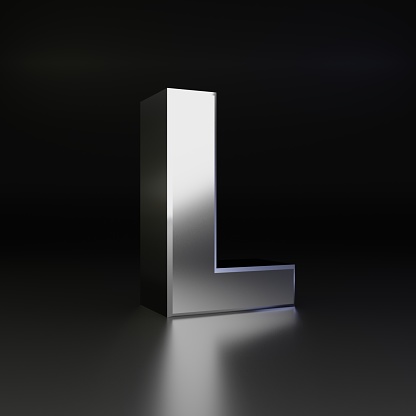 Chrome letter L uppercase. 3D render shiny metal font isolated on black background with fresnel reflection