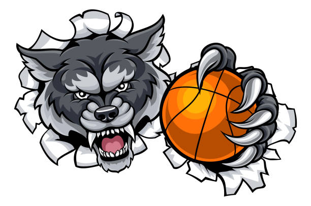 늑대 농구 마스코트 속보 배경 - wolf mascot vector gray wolf stock illustrations