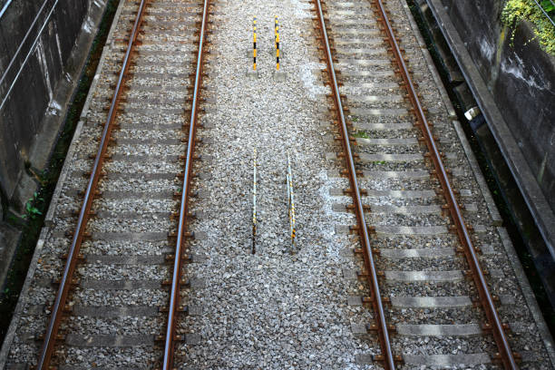 istock Close up of train tracks lined up straight 1142800420