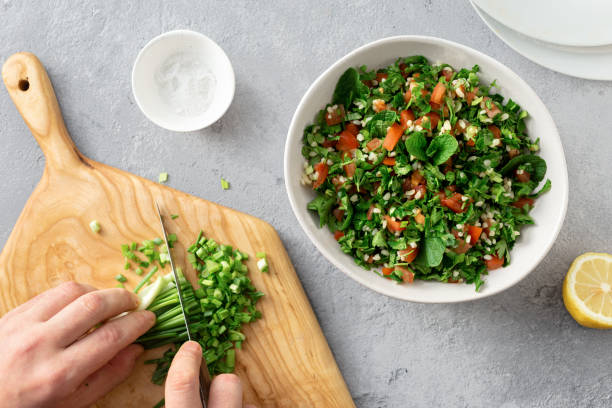 raw ingredients cooking salad tabouli healthy food - lebanese culture imagens e fotografias de stock