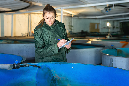 Mujer trabajadora de trucha de granja observando peces y escribiendo photo