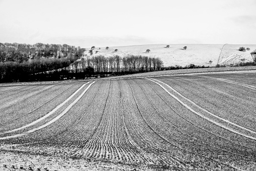 A black and white photograph of freshly ploughed field covered in a thin layer of white frost forming vertical lines, the field is on a hill and behind is the rolling countryside of the Sussex downs, Lewes, UK, United Kingdom, South Downs National Park,