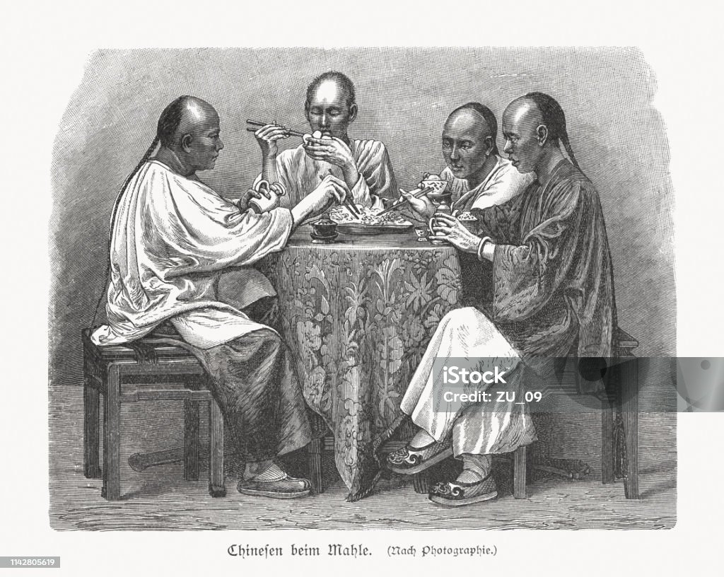 Chinese men at the meal, wood engraving, published in 1897 Chinese men at the meal. Wood engraving, published in 1897. Chinese Culture stock illustration