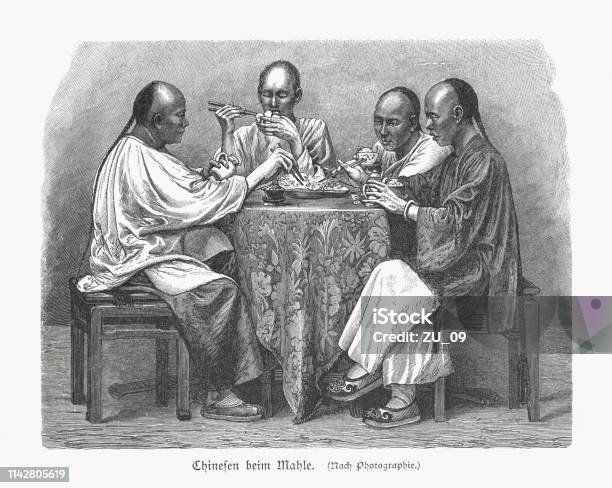 Chinese Men At The Meal Wood Engraving Published In 1897 Stock Illustration - Download Image Now