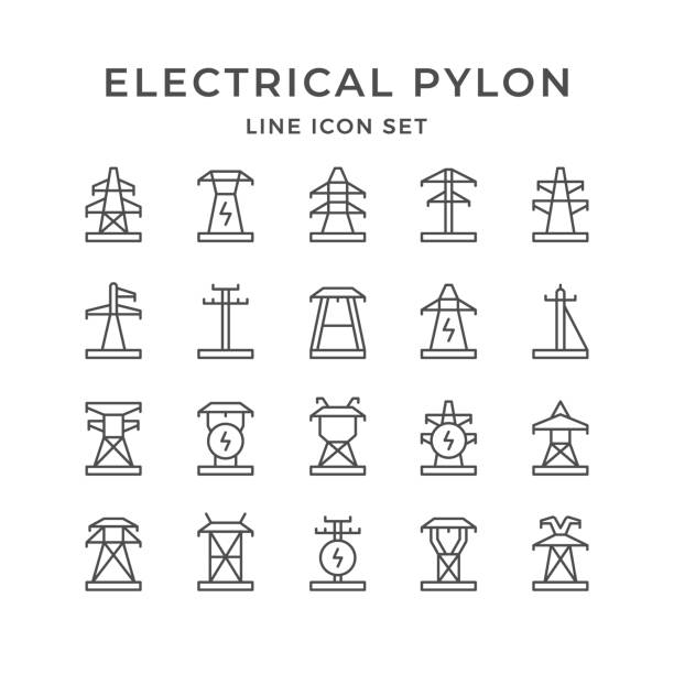 setzen sie die zeilensymbole des elektrischen pylons - sendeturm stock-grafiken, -clipart, -cartoons und -symbole