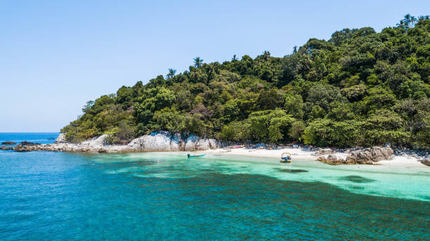 Tropical holiday banner. Aerial view of exotic beach landscape for background or wallpaper. Summer vacation holiday concept Pulau Tokong Kemudi, Terengganu, Malaysia, isolated island, travel holidays, summer destination, southeast Asia, blue ocean rawa island stock pictures, royalty-free photos & images