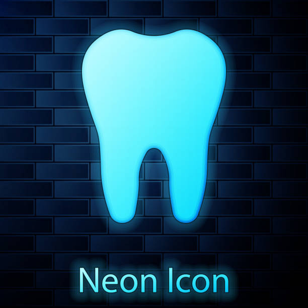 istock Glowing neon Tooth icon isolated on brick wall background. Tooth symbol for dentistry clinic or dentist medical center and toothpaste package. Vector Illustration 1142806807