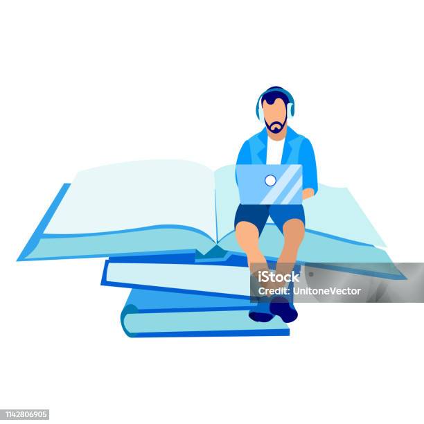 Student Working With Laptop Vector Illustration Stock Illustration - Download Image Now - Headphones, Sitting, Book