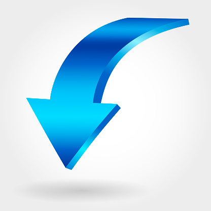 Blue down arrow and neutral white background. 3D illustration