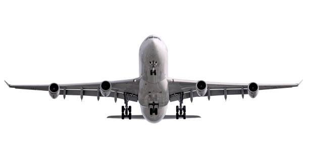 The white four jet engines airline plane take off The white four jet engines airline plane take off from runway front view isolated background aeroplane isolated stock pictures, royalty-free photos & images