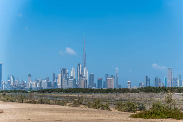 Amazing view of Burj Khalifa, World Tallest Tower. A view from Sheikh Zayed Road, Residential and Business Skyscrapers in Downtown, Dubai, UAE stock photo