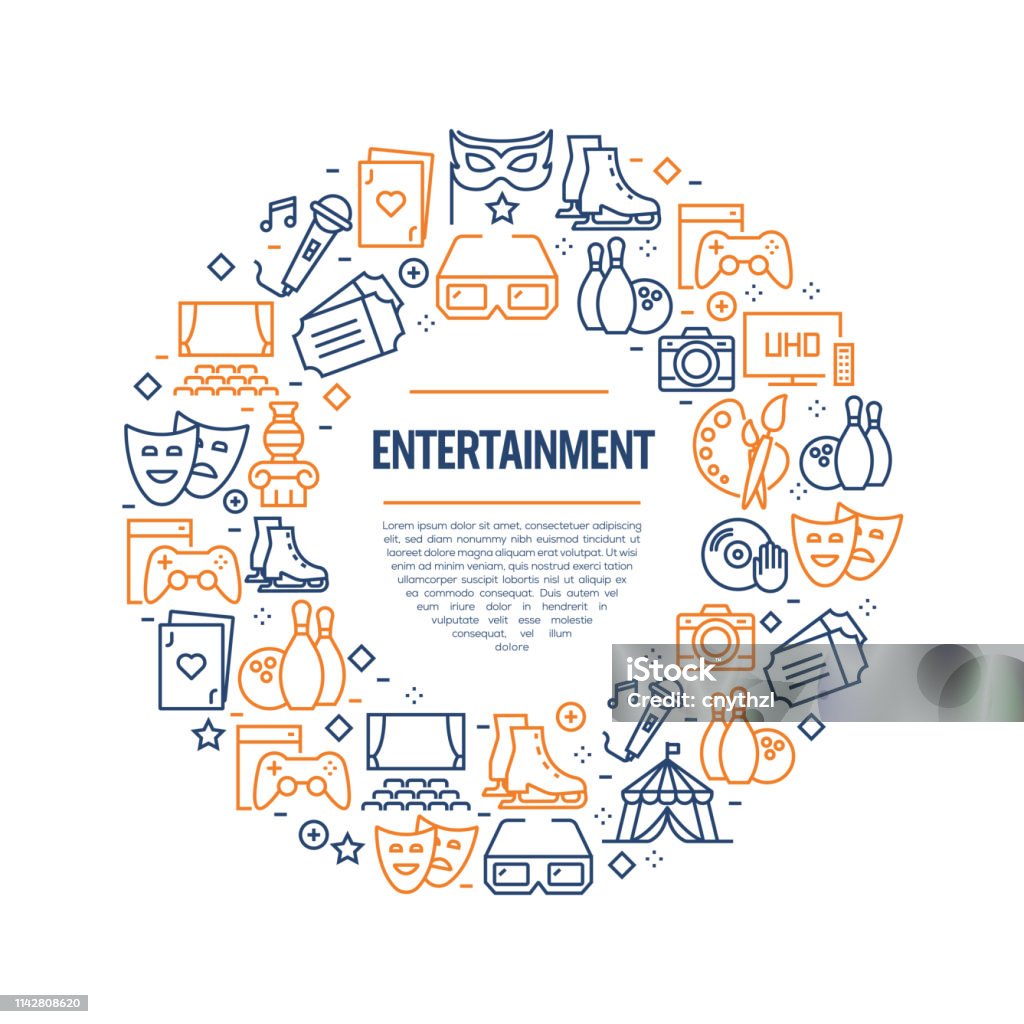 Entertainment and Hobbies Concept - Colorful Line Icons, Arranged in Circle Chair stock vector