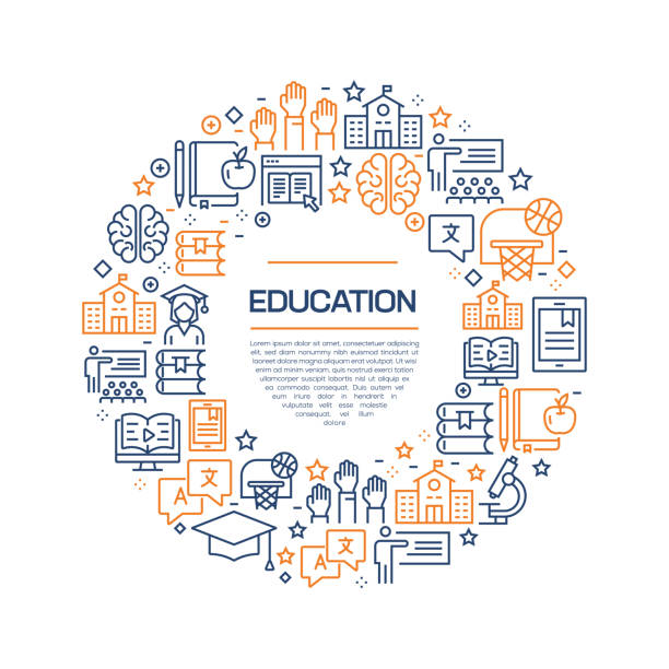 education related concept-colorful line icons, arrangiert im kreis - physics classroom teaching professor stock-grafiken, -clipart, -cartoons und -symbole