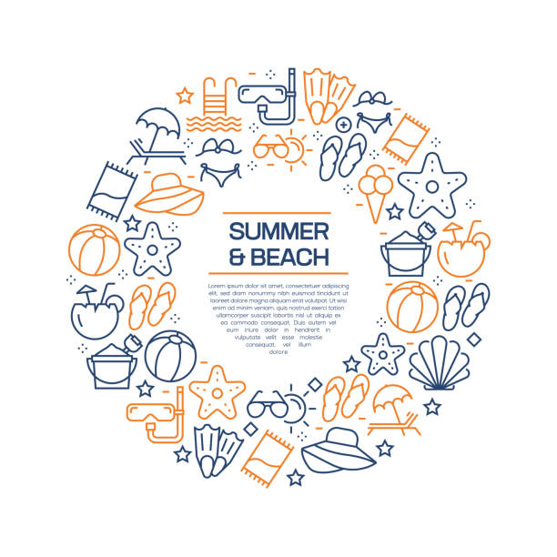Summer and Beach Concept - Colorful Line Icons, Arranged in Circle Summer and Beach Concept - Colorful Line Icons, Arranged in Circle beach holidays stock illustrations