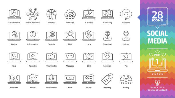 Social media network editable stroke outline icon set part 1 with global internet website, digital business and marketing technology, web support, message, share and like line symbols. vector art illustration