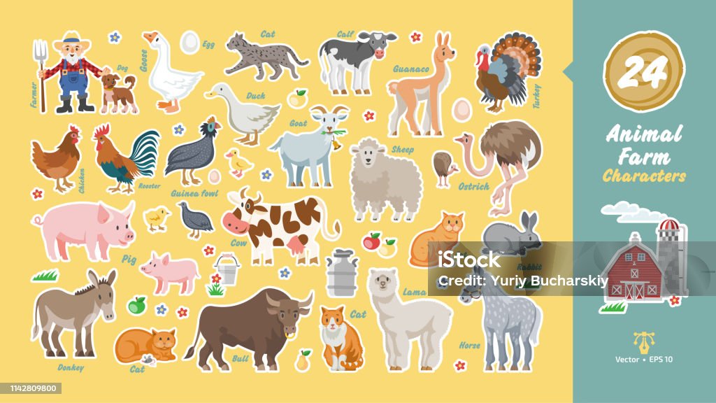 Ilustración de Los Personajes De La Granja De Animales Se Establecen Con Granjero Perro Granero Vaca Oveja Burro Cerdo Pollo Gallo Pato Pavo Cabra Toro Becerro Avestruz Conejos Gatos Ganso Lama Caballo Ilustración de Los Personajes De La Granja De Animales Se Establecen Con Granjero Perro Granero Vaca Oveja Burro Cerdo Pollo Gallo Pato Pavo Cabra Toro Becerro Avestruz Conejos Gatos Ganso Lama Caballo