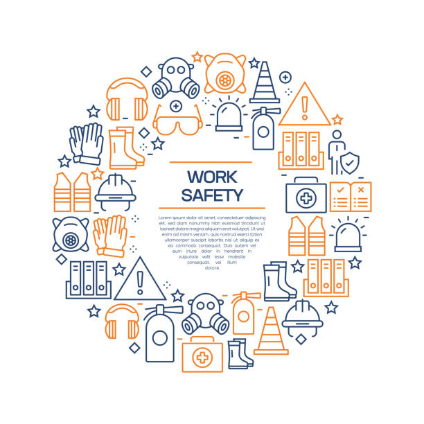Work Safety Concept - Colorful Line Icons, Arranged in Circle Work Safety Concept - Colorful Line Icons, Arranged in Circle web page computer icon symbol engineer stock illustrations
