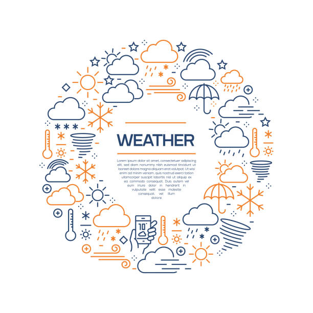 ilustraciones, imágenes clip art, dibujos animados e iconos de stock de concepto meteorológico-iconos de línea colorida, organizados en círculo - seamless pattern meteorology snowflake