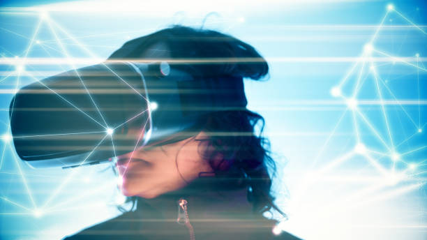 istock Virtual reality online games girl playing using vr glasses, lines and dots connection 1142810841