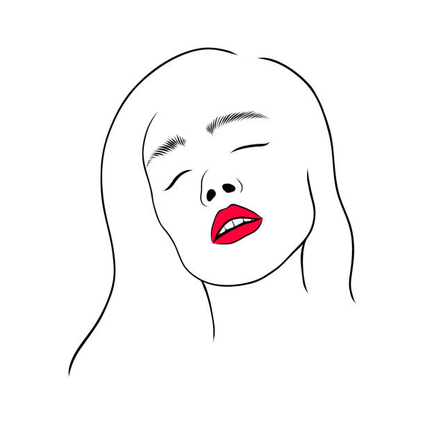 kobieta z otwartymi ustami, z czerwonymi ustami. ilustracja wektora liniowego ręcznie rysowana - sexual activity illustrations stock illustrations